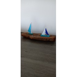 Décoration bateau de verre fusing et bois flotté