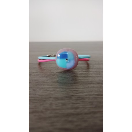 Bracelet bleu et turquoise sur verre artisanale et cuir, acier inoxydable made in france vendée