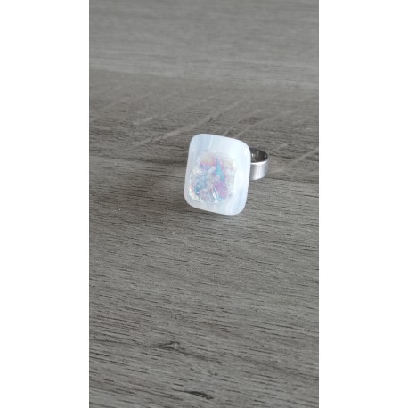 Bague fantaisie verre fusing blanc rouge dichroic acier inoxydable