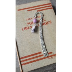 Marque-page violet et turquoise céramique, tissus liberty fleuri et métal argenté