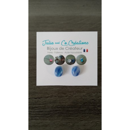 Boucles d'oreilles puce verre fusing millefiori bleu fleurs