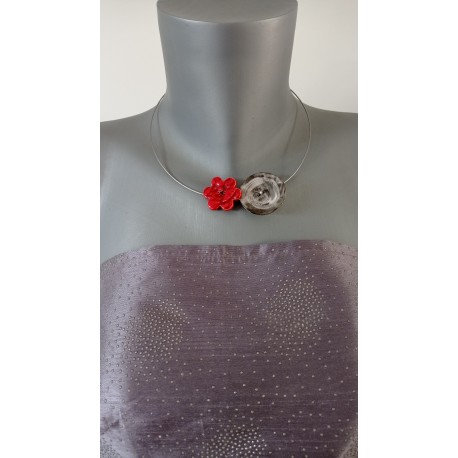 Red and white ceramic flower necklace wedding stainless steel evening
