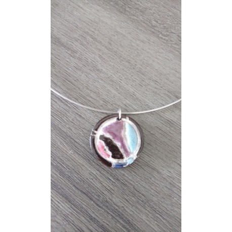 Black enamelled earthenware pendant and blue orange-red glass