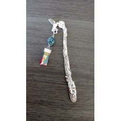 Marque-page turquoise céramique, ruban fleuri et métal argenté
