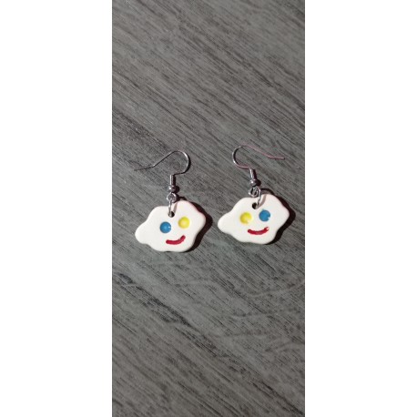White and flower round ceramic earrings