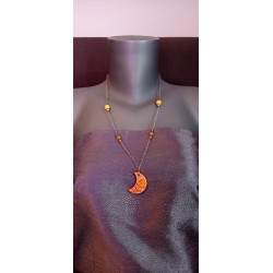 Sautoir bleu turquoise, vert et jaune feuille faïence sur acier inoxydable anallergique