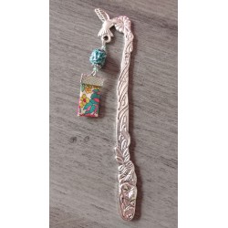 Marque-page turquoise céramique, ruban fleuri et métal argenté