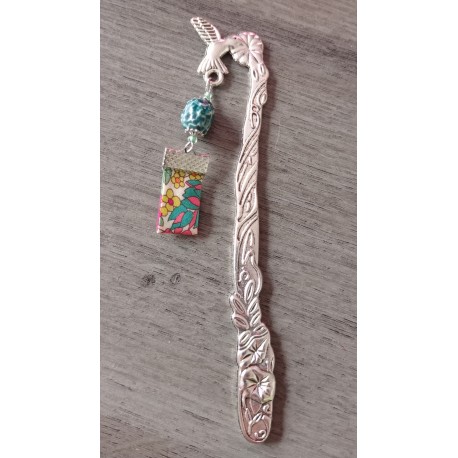 Marque-page turquoise céramique, ruban fleuri et métal argenté