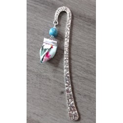 Marque-page turquoise céramique, ruban fleuri et métal argenté