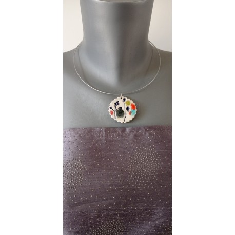 Handcrafted earthenware plain oval necklace on stainless steel made in france vendée