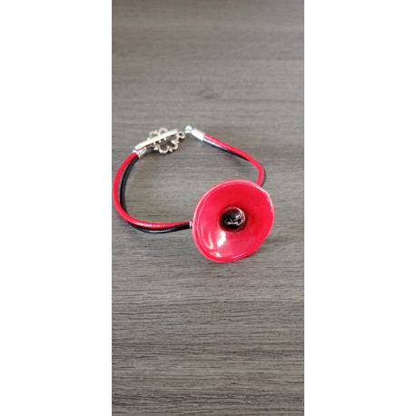 Bracelet rouge et noir coquelicot faïence artisanale sur cuir et acier inoxydable made in france vendée