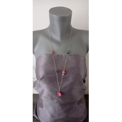 Sautoir rose et noir faïence sur acier inoxydable anallergique