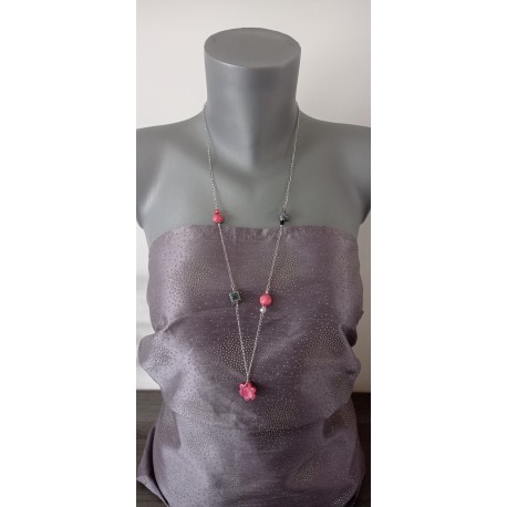 Sautoir rose et noir faïence sur acier inoxydable anallergique