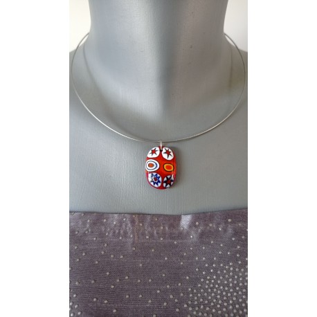 Glass pendant fusing millefiori red orange designer jewelry vendée